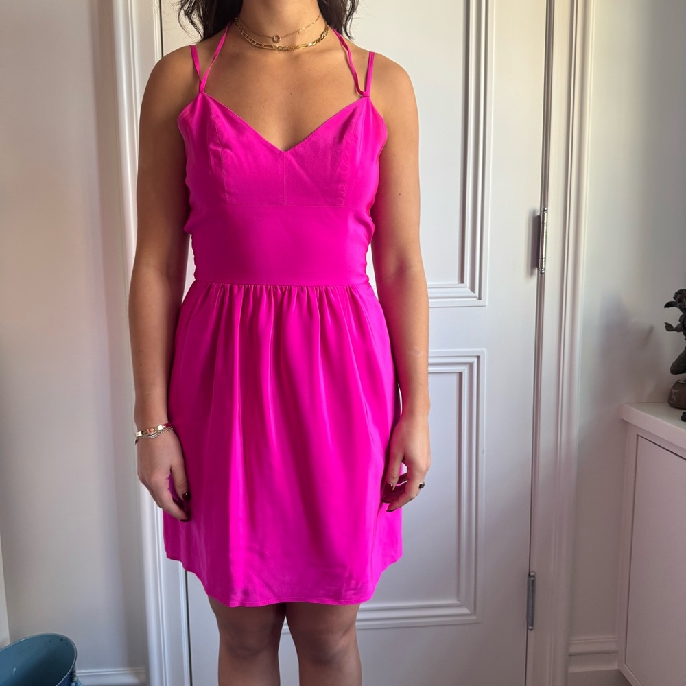 Amanda Uprichard Fuchsia 100% Silk Mini Dress – V-Neck Tank, Size M